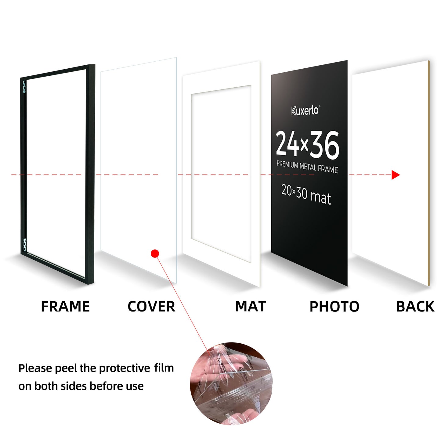 Kuxerla Picture Frame 24x36 Holds 20x30 Photos with Mat or 24x36 Poster without Mat. With Clear Acrylic Front and MDF Back Panel.Black