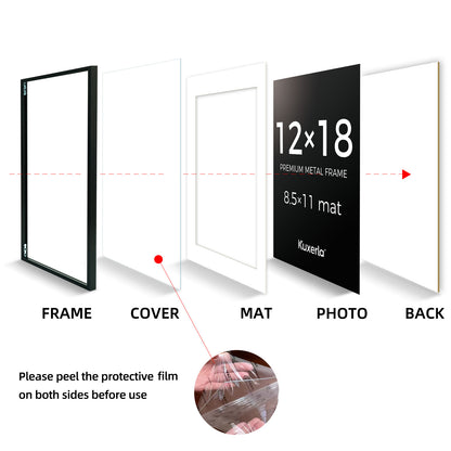 Kuxerla picture Frame 12x18 Holds 8.5x11 Photos with Mat or 12x18 Photo without Mat. With Clear Acrylic Front and MDF Back Panel.Black