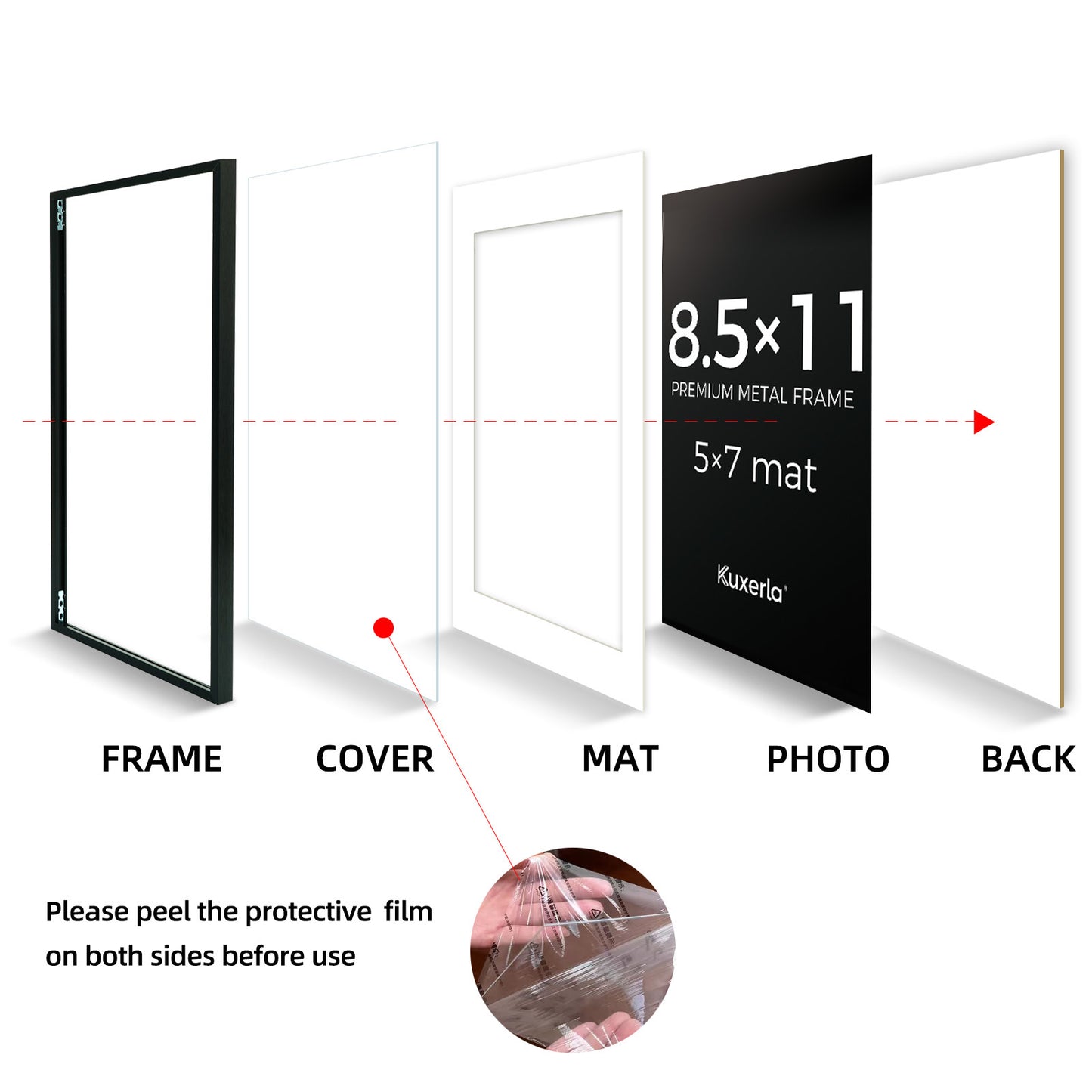 Kuxerla Picture Frame 8.5x11 Holds 5x7 Photos with Mat or 8.5x11 Photo without Mat. With Clear Acrylic Front and MDF Back Panel. Pack of 2,Black