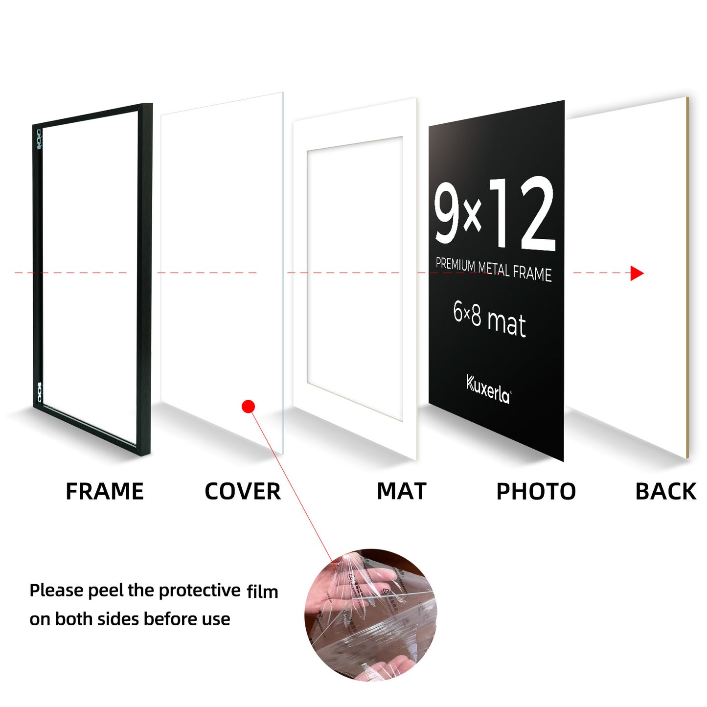 Kuxerla picture Frame 9x12 Holds 6x8 Photos with Mat or 9x12 Photo without Mat. With Clear Acrylic Front and MDF Back Panel. Pack of 2,Black