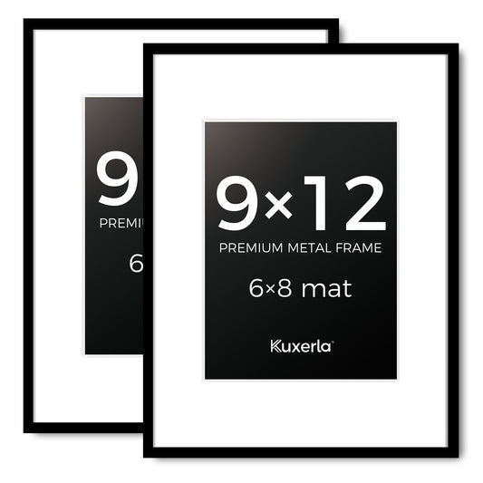 Kuxerla picture Frame 9x12 Holds 6x8 Photos with Mat or 9x12 Photo without Mat. With Clear Acrylic Front and MDF Back Panel. Pack of 2,Black
