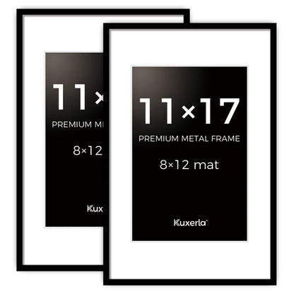 Kuxerla 11x17 Poster Frames,Metal 11x17 Picture Frames Display 8x12 Picture with Mat or 11x17 without Mat,Black,2 pack