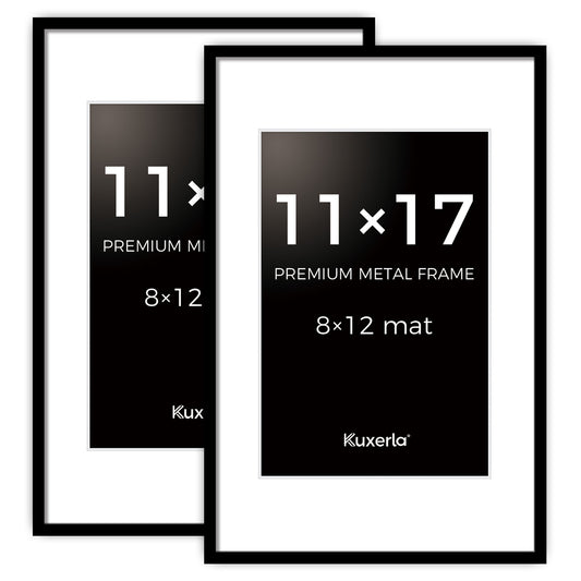 Kuxerla 11x17 Poster Frames,Metal 11x17 Picture Frames Display 8x12 Picture with Mat or 11x17 without Mat,Black,2 pack