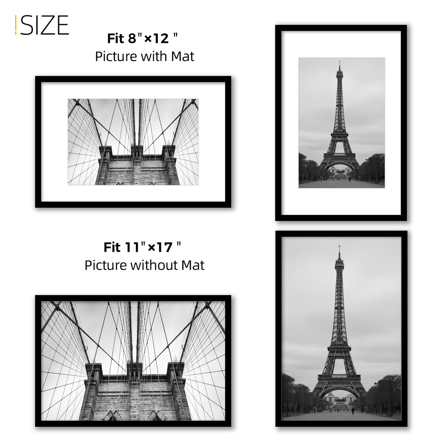 Kuxerla 11x17 Poster Frames,Metal 11x17 Picture Frames Display 8x12 Picture with Mat or 11x17 without Mat,Black,2 pack