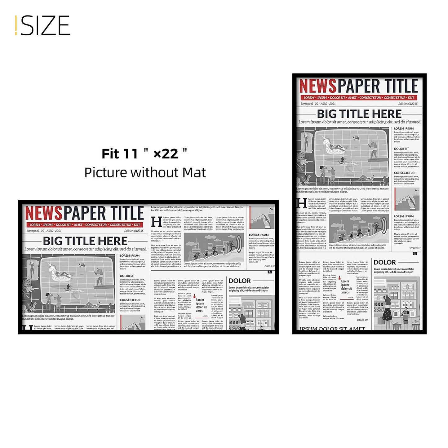 Kuxerla News Paper Frame 11x22" Photos with Mat With Clear Acrylic Front and MDF Back Panel.Black
