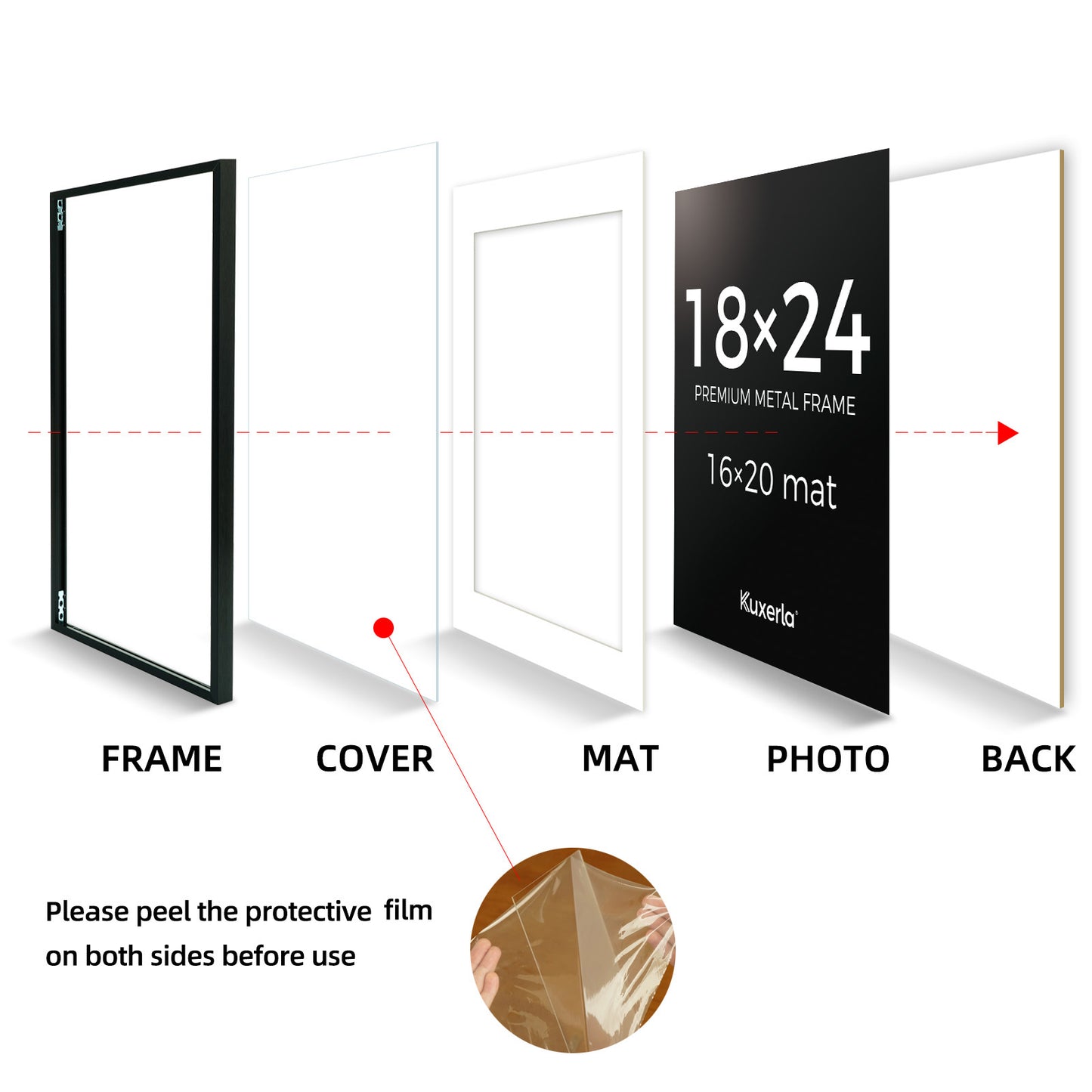 Kuxerla Picture Frame 18x24 Holds 16x20 Photos with Mat or 18x24 Photo without Mat. With Clear Acrylic Front and MDF Back Panel.Black
