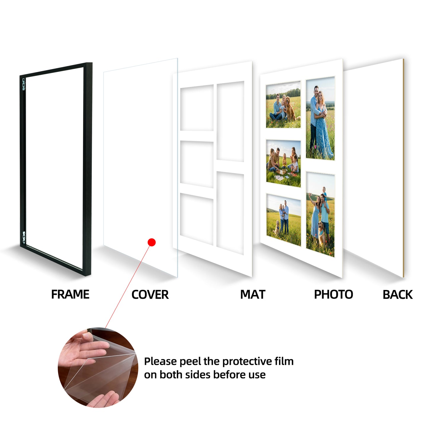 Kuxerla 11x14 Collage Picture Frame ,Displays 5Pcs 4x6 Pictures with Mat or 1Pcs 11x14 Picture without Mat , Collage Picture Frame for Horizontal or Vertical Display, Black, 1 Pack