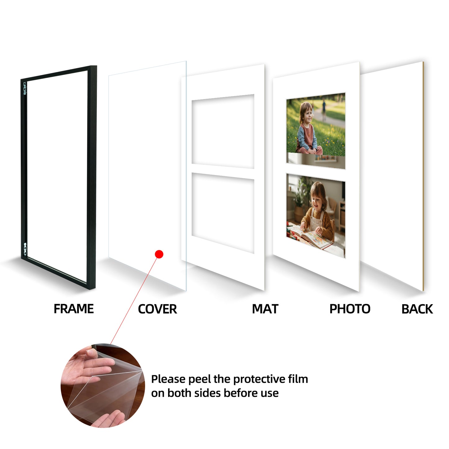 Kuxerla 11x14 Collage Picture Frame ,Displays 2Pcs 5x7 Pictures with Mat or 1Pcs 11x14 Picture without Mat , Collage Picture Frame for Horizontal or Vertical Display, Black, 1 Pack