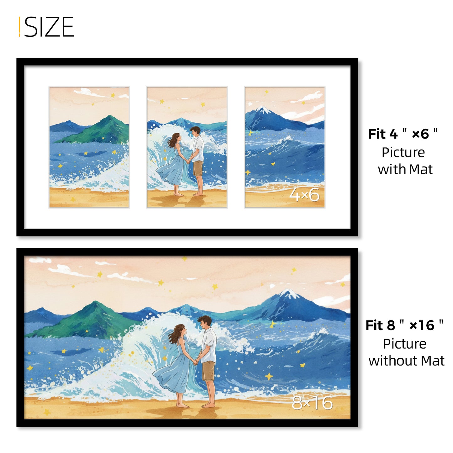 Kuxerla 8x16 Collage Picture Frame ,Displays 3Pcs 4x6 Pictures with Mat or 1Pcs 8x16 Picture without Mat , Collage Picture Frame for Horizontal or Vertical Display, Black, 1 Pack