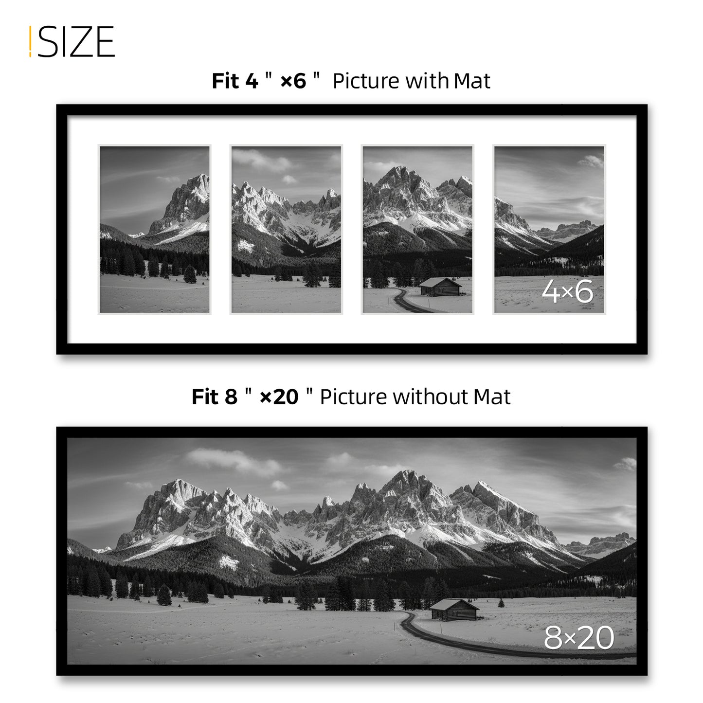 Kuxerla 8x20 Collage Picture Frame ,Displays 4Pcs 4x6 Pictures with Mat or 1Pcs 8x20 Picture without Mat , Collage Picture Frame for Horizontal or Vertical Display, Black, 1 Pack