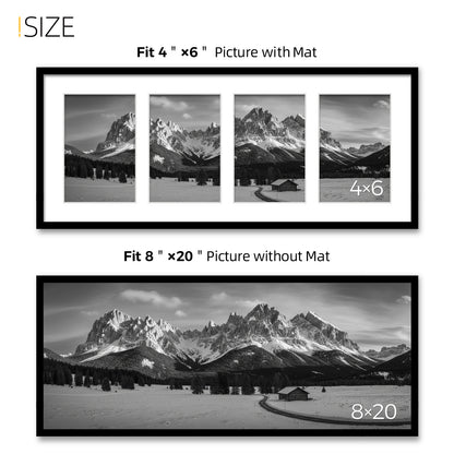 Kuxerla 8x20 Collage Picture Frame ,Displays 4Pcs 4x6 Pictures with Mat or 1Pcs 8x20 Picture without Mat , Collage Picture Frame for Horizontal or Vertical Display, Black, 1 Pack