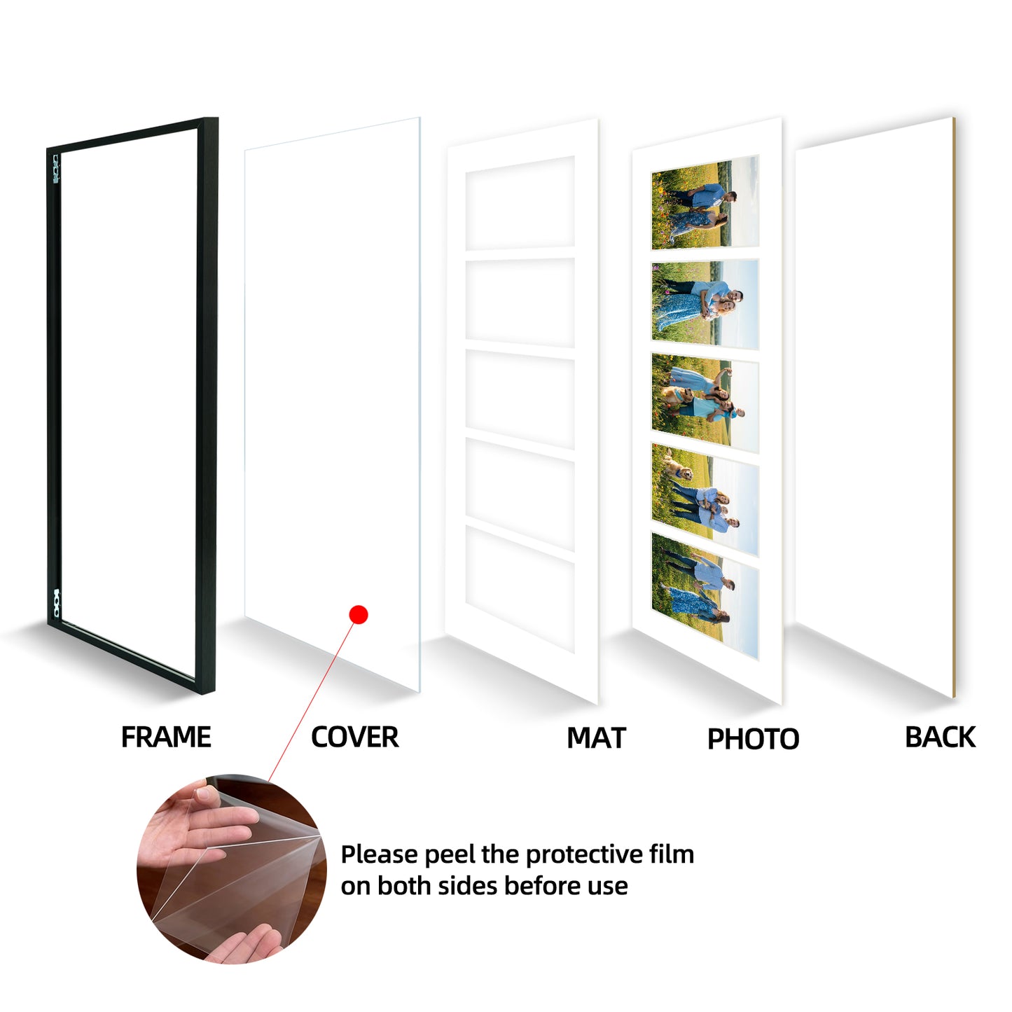 Kuxerla 8x24 Collage Picture Frame ,Displays 5Pcs 4x6 Pictures with Mat or 1Pcs 8x24 Picture without Mat , Collage Picture Frame for Horizontal or Vertical Display, Black, 1 Pack