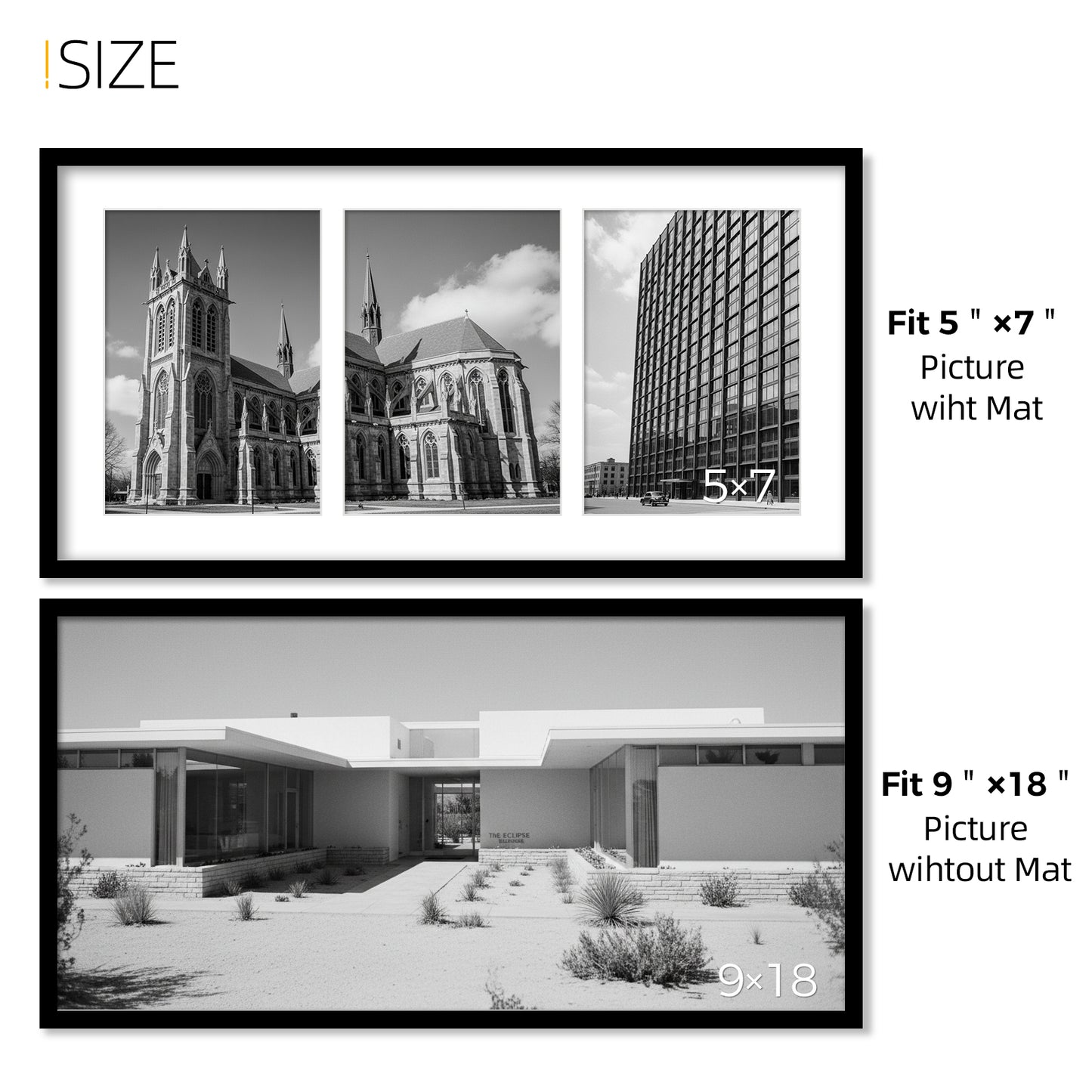 Kuxerla 9x18 Collage Picture Frame ,Displays 3Pcs 5x7 Pictures with Mat or 1Pcs 9x18 Picture without Mat , Collage Picture Frame for Horizontal or Vertical Display, Black, 1 Pack
