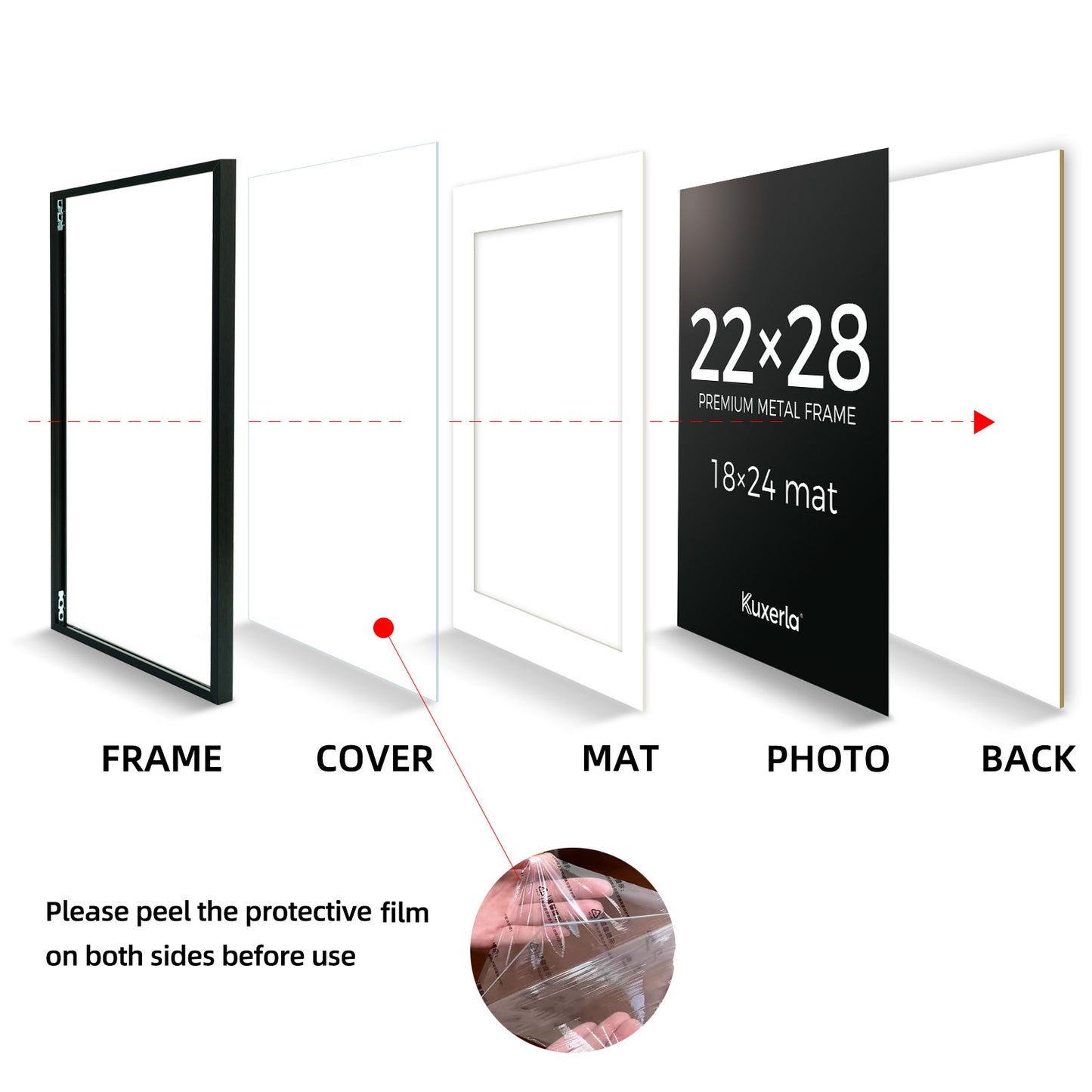 Kuxerla picture Frame 22x28 Holds 18x24 Photos with Mat or 22x28 Photo without Mat. With Clear Acrylic Front and MDF Back Panel.Black