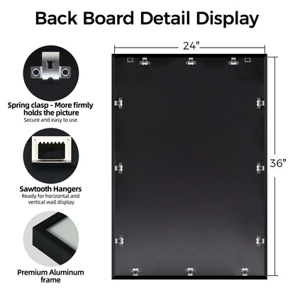 Kuxerla Picture Frame 24x36 Holds 20x30 Photos with Mat or 24x36 Poster without Mat. With Clear Acrylic Front and MDF Back Panel.Black