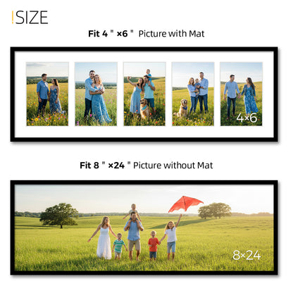 Kuxerla 8x24 Collage Picture Frame ,Displays 5Pcs 4x6 Pictures with Mat or 1Pcs 8x24 Picture without Mat , Collage Picture Frame for Horizontal or Vertical Display, Black, 1 Pack