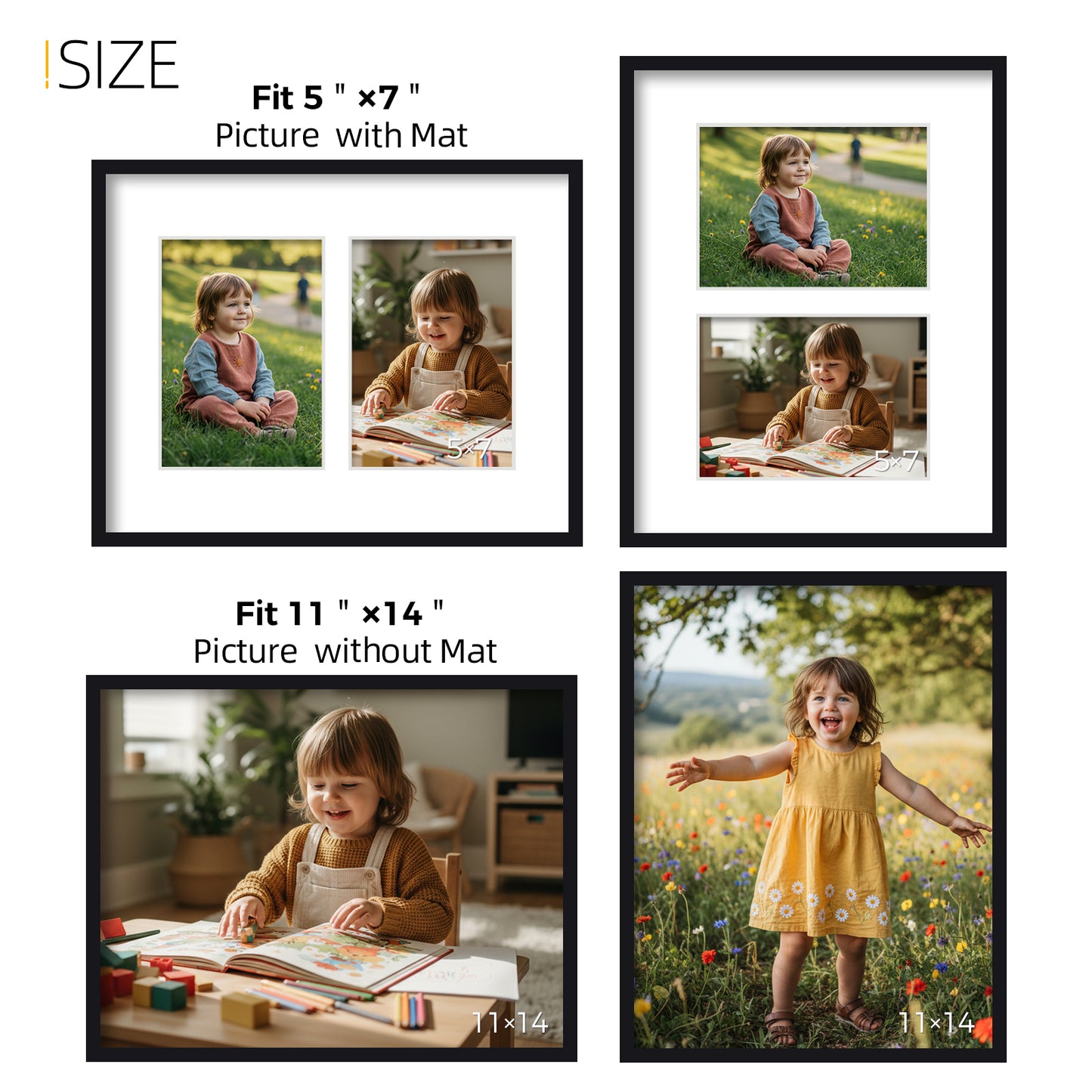 Kuxerla 11x14 Collage Picture Frame ,Displays 2Pcs 5x7 Pictures with Mat or 1Pcs 11x14 Picture without Mat , Collage Picture Frame for Horizontal or Vertical Display, Black, 1 Pack