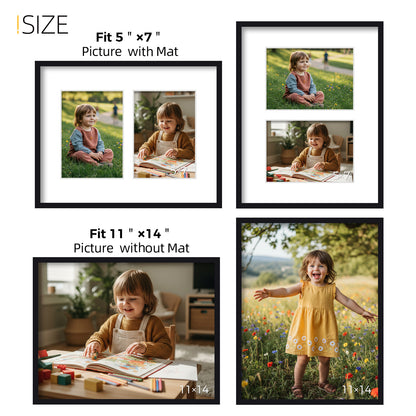 Kuxerla 11x14 Collage Picture Frame ,Displays 2Pcs 5x7 Pictures with Mat or 1Pcs 11x14 Picture without Mat , Collage Picture Frame for Horizontal or Vertical Display, Black, 1 Pack