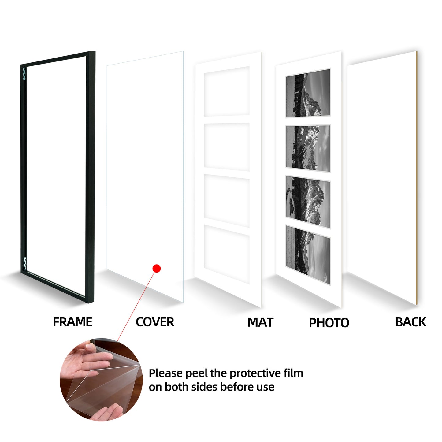 Kuxerla 8x20 Collage Picture Frame ,Displays 4Pcs 4x6 Pictures with Mat or 1Pcs 8x20 Picture without Mat , Collage Picture Frame for Horizontal or Vertical Display, Black, 1 Pack