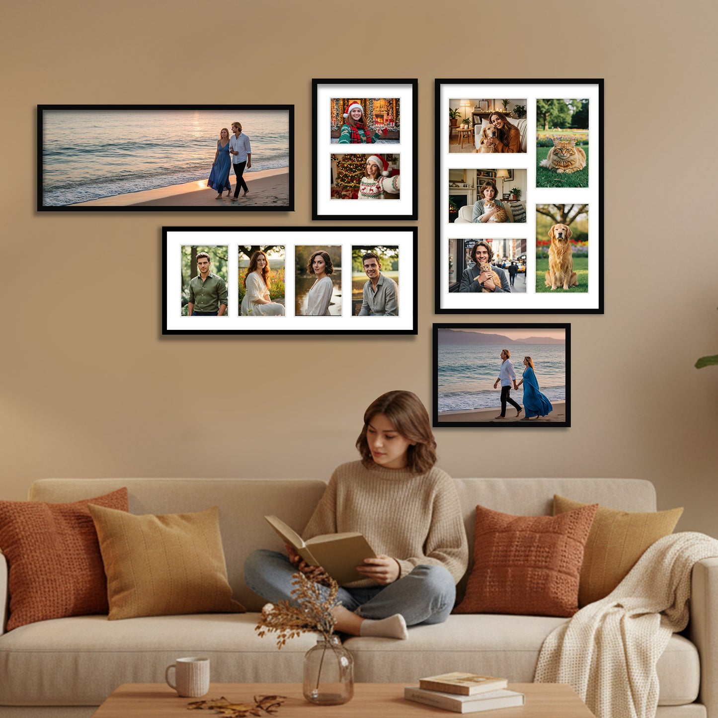 Kuxerla 8x24 Collage Picture Frame ,Displays 5Pcs 4x6 Pictures with Mat or 1Pcs 8x24 Picture without Mat , Collage Picture Frame for Horizontal or Vertical Display, Black, 1 Pack