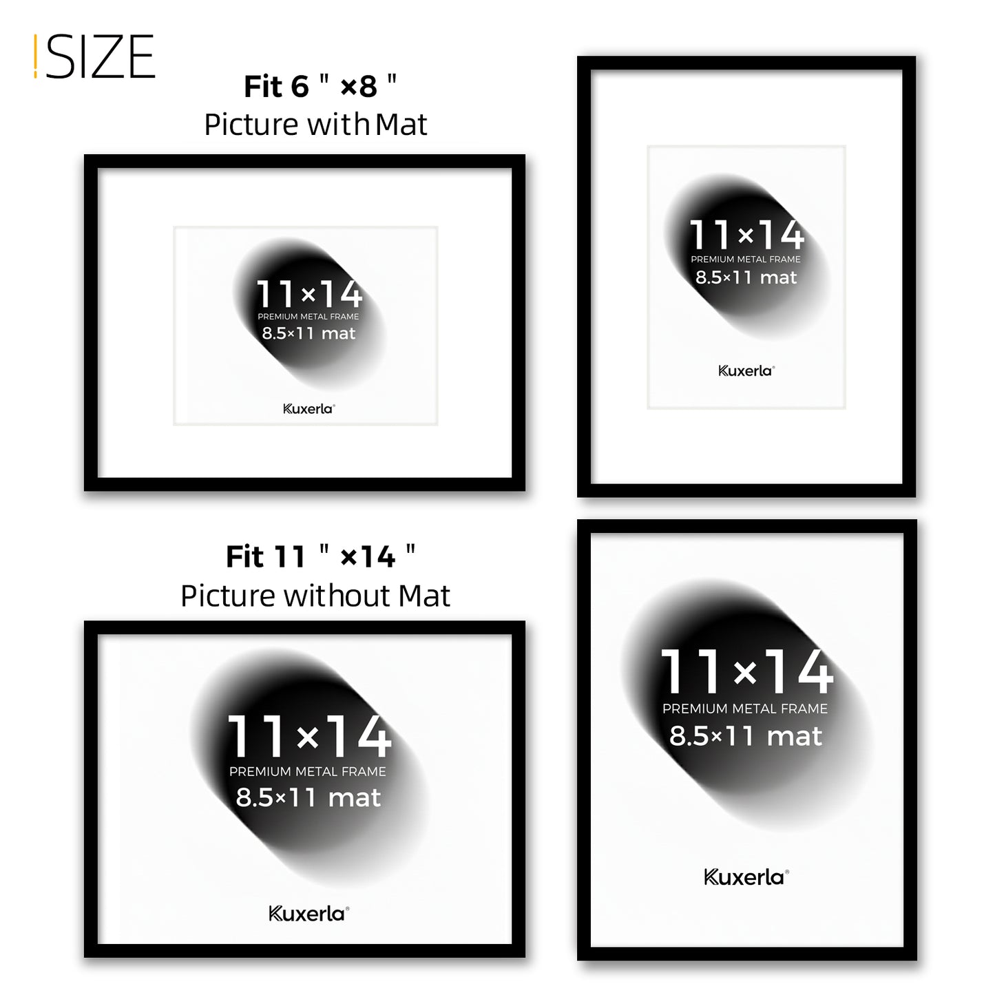 Kuxerla 11x14 Picture Frame Holds 8.5x11 Picture with Mat or 11x14 Picture without Mat,With Clear Acrylic Front and MDF Back Panel,Pack of 2,Black