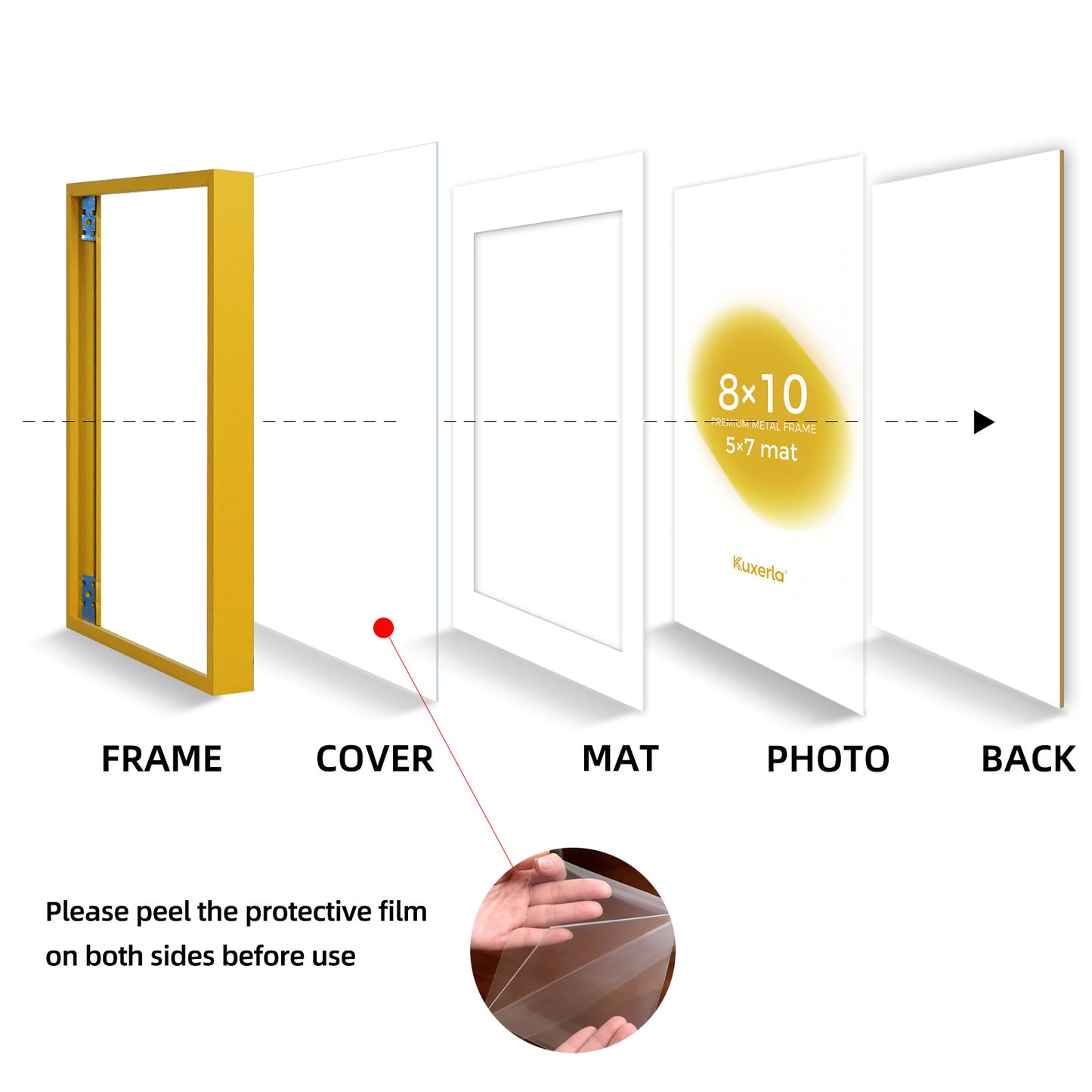 Kuxerla 8x10 Picture Frame Holds 5x7 Picture with Mat or 8x10 Picture without Mat,With Clear Acrylic Front and MDF Back Panel,Pack of 2,Yellow