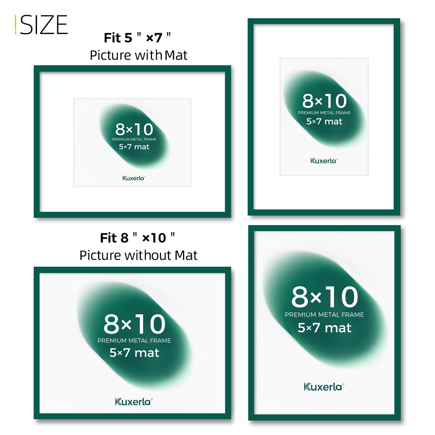 Kuxerla 8x10 Picture Frame Holds 5x7 Picture with Mat or 8x10 Picture without Mat,With Clear Acrylic Front and MDF Back Panel,Pack of 2,Green