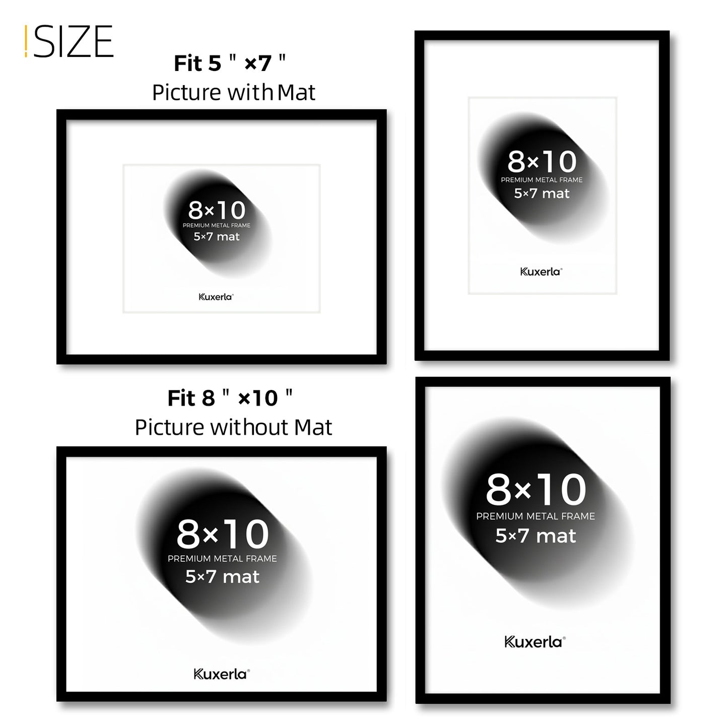 Kuxerla 8x10 Picture Frame Holds 5x7 Picture with Mat or 8x10 Picture without Mat,With Clear Acrylic Front and MDF Back Panel,Pack of 2,Black