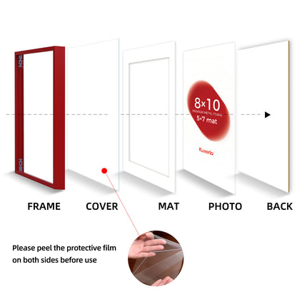 Kuxerla 8x10 Picture Frame Holds 5x7 Picture with Mat or 8x10 Picture without Mat,With Clear Acrylic Front and MDF Back Panel,Pack of 2,Red
