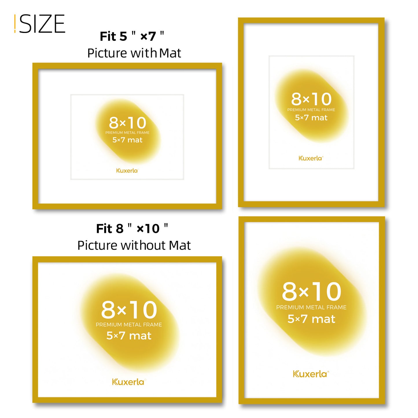 Kuxerla 8x10 Picture Frame Holds 5x7 Picture with Mat or 8x10 Picture without Mat,With Clear Acrylic Front and MDF Back Panel,Pack of 2,Yellow