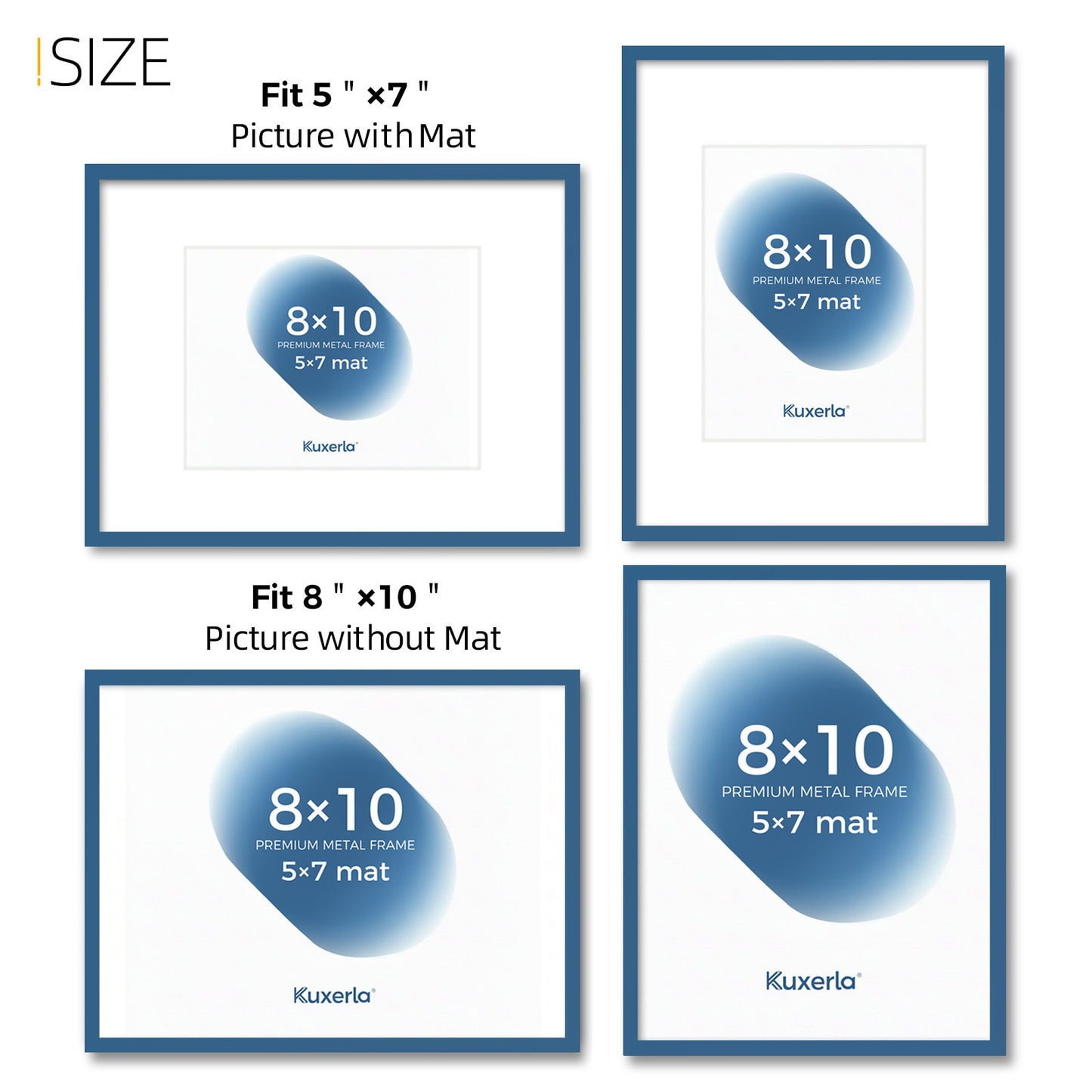 Kuxerla 8x10 Picture Frame Holds 5x7 Picture with Mat or 8x10 Picture without Mat,With Clear Acrylic Front and MDF Back Panel,Pack of 2,Blue