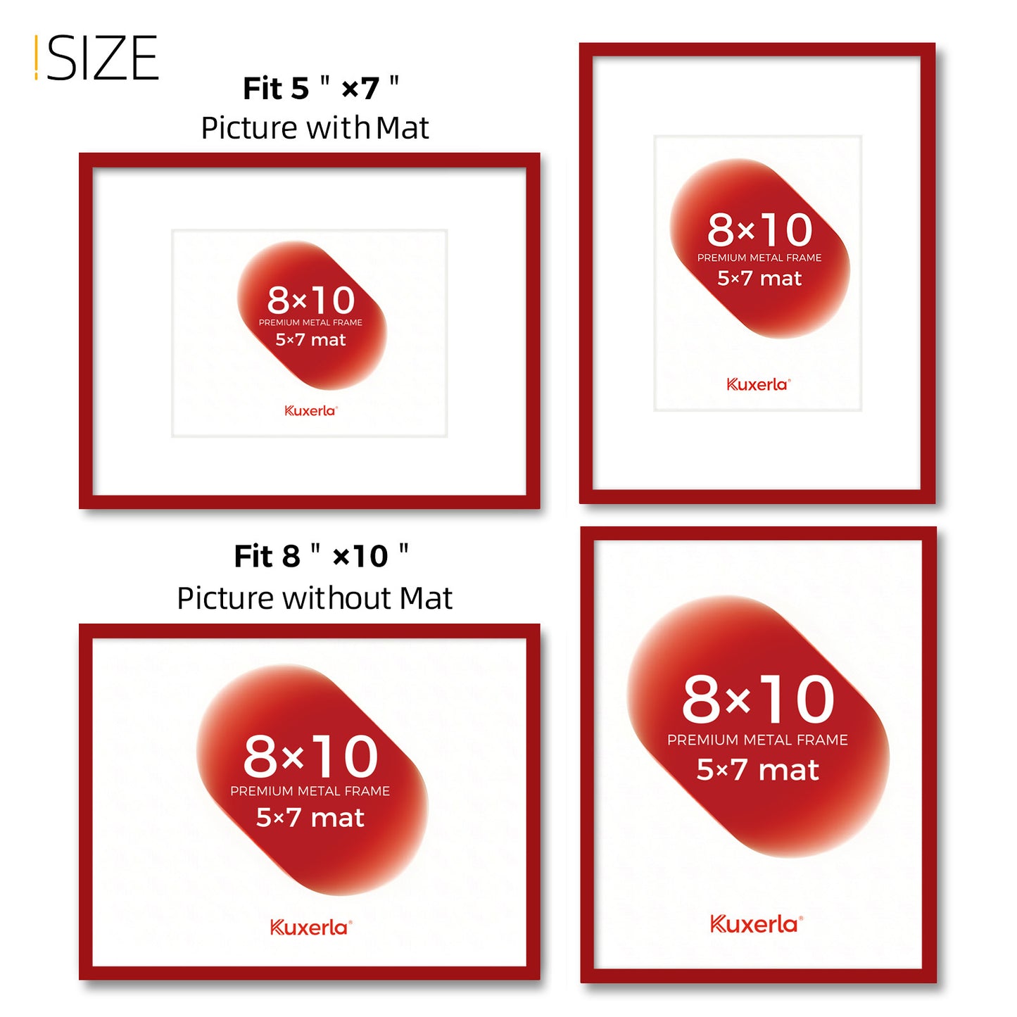 Kuxerla 8x10 Picture Frame Holds 5x7 Picture with Mat or 8x10 Picture without Mat,With Clear Acrylic Front and MDF Back Panel,Pack of 2,Red