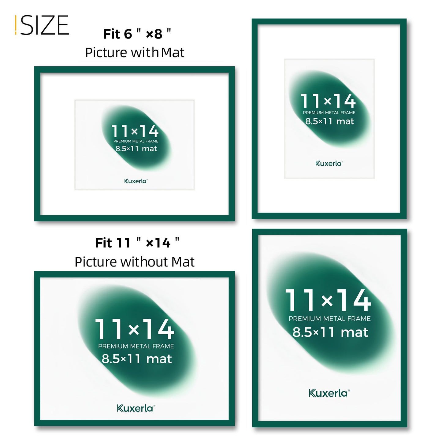 Kuxerla 11x14 Picture Frame Holds 8.5x11 Picture with Mat or 11x14 Picture without Mat,With Clear Acrylic Front and MDF Back Panel,Pack of 2,Green