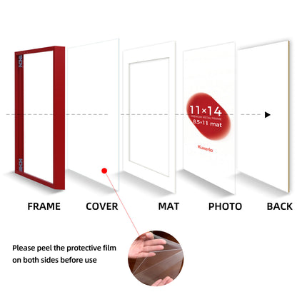 Kuxerla 11x14 Picture Frame Holds 8.5x11 Picture with Mat or 11x14 Picture without Mat,With Clear Acrylic Front and MDF Back Panel,Pack of 2,Red