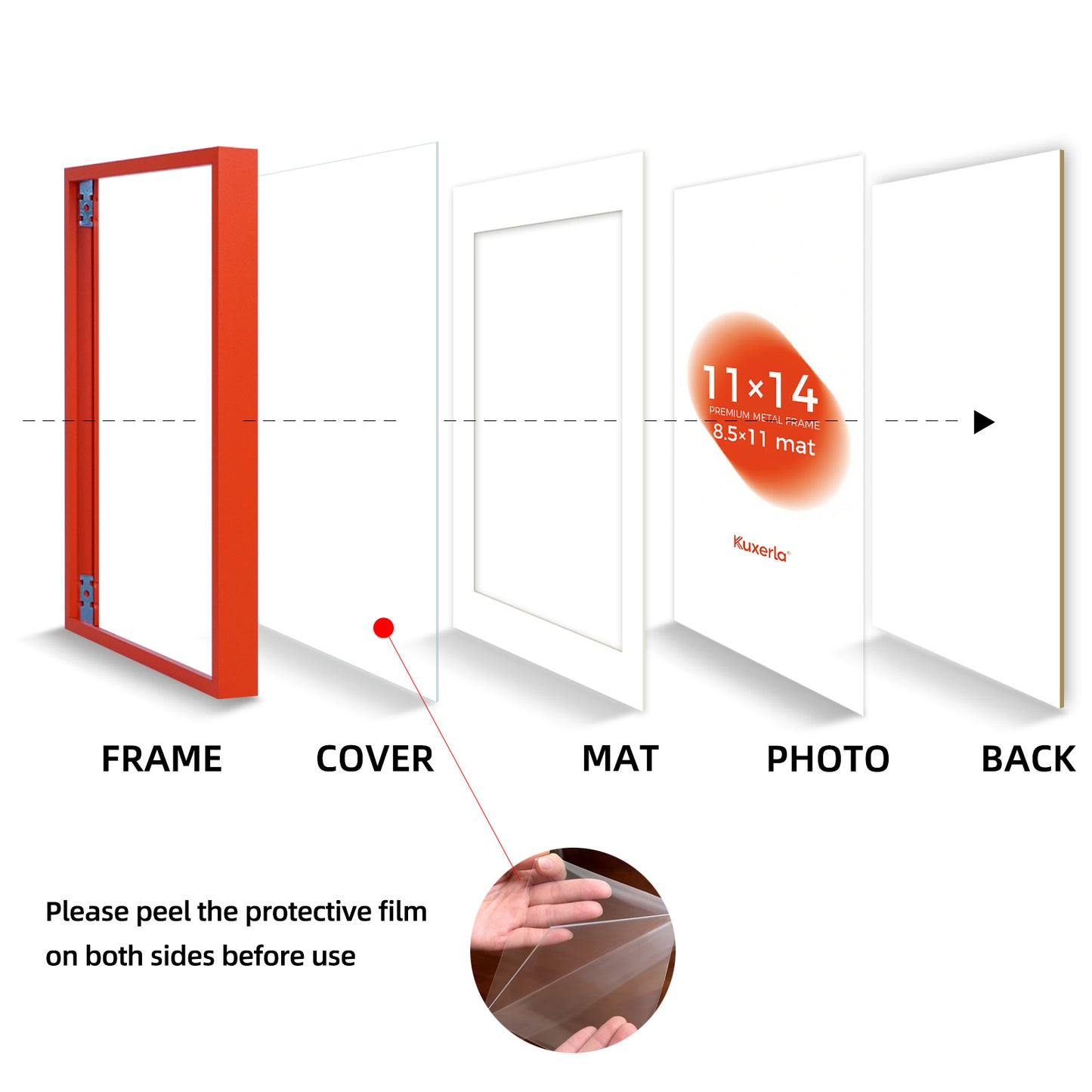 Kuxerla 11x14 Picture Frame Holds 8.5x11 Picture with Mat or 11x14 Picture without Mat,With Clear Acrylic Front and MDF Back Panel,Pack of 2,Orange