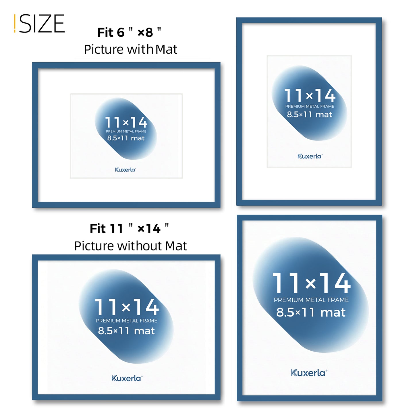 Kuxerla 11x14 Picture Frame Holds 8.5x11 Picture with Mat or 11x14 Picture without Mat,With Clear Acrylic Front and MDF Back Panel,Pack of 2,Blue