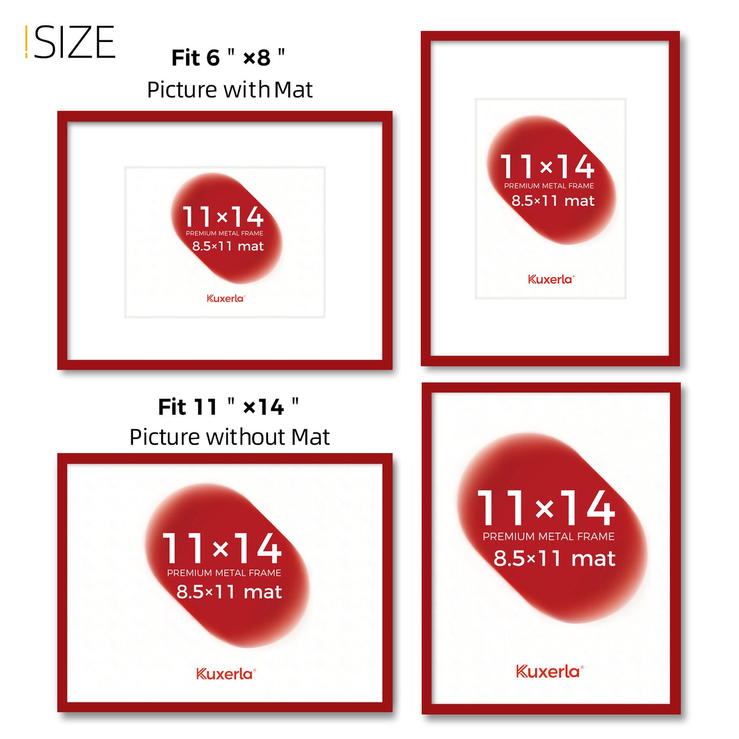 Kuxerla 11x14 Picture Frame Holds 8.5x11 Picture with Mat or 11x14 Picture without Mat,With Clear Acrylic Front and MDF Back Panel,Pack of 2,Red