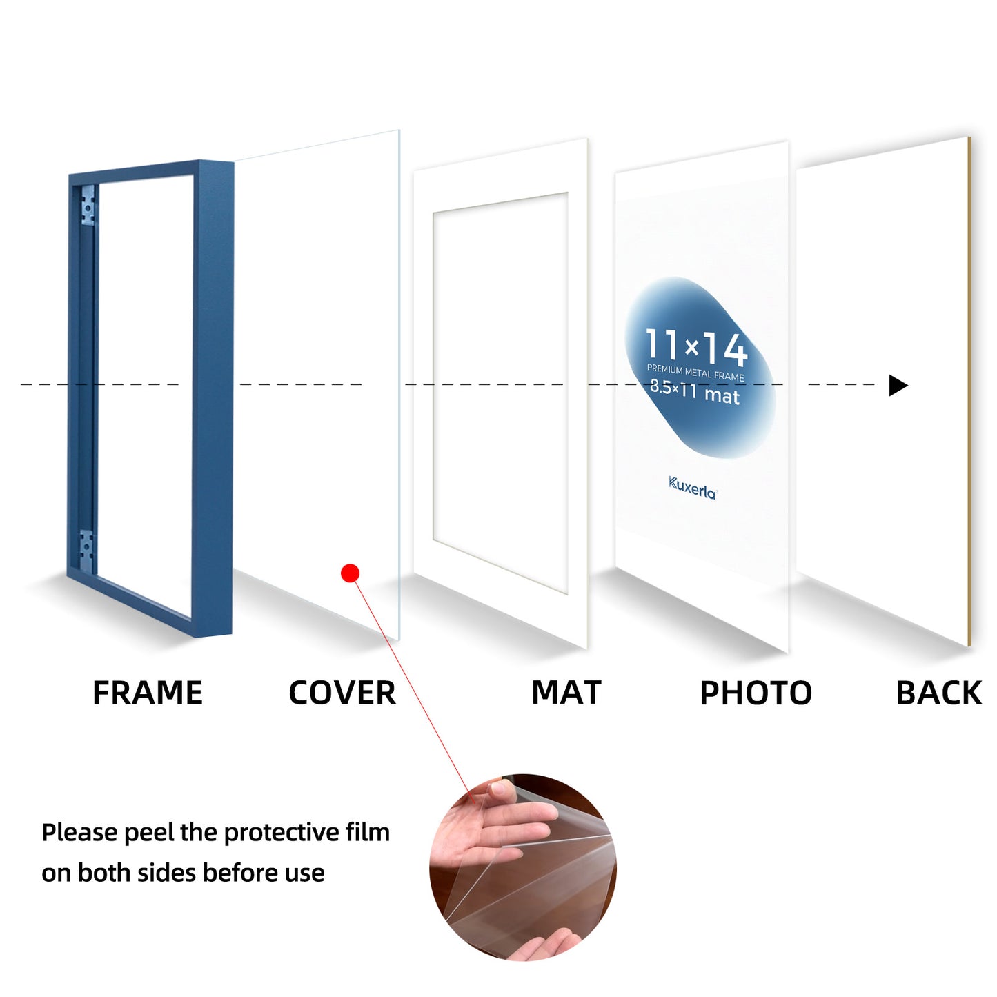 Kuxerla 11x14 Picture Frame Holds 8.5x11 Picture with Mat or 11x14 Picture without Mat,With Clear Acrylic Front and MDF Back Panel,Pack of 2,Blue