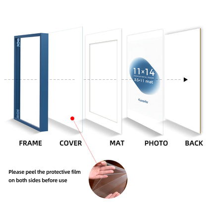 Kuxerla 11x14 Picture Frame Holds 8.5x11 Picture with Mat or 11x14 Picture without Mat,With Clear Acrylic Front and MDF Back Panel,Pack of 2,Blue