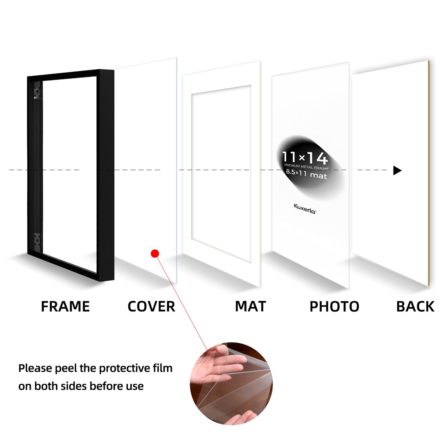 Kuxerla 11x14 Picture Frame Holds 8.5x11 Picture with Mat or 11x14 Picture without Mat,With Clear Acrylic Front and MDF Back Panel,Pack of 2,Black